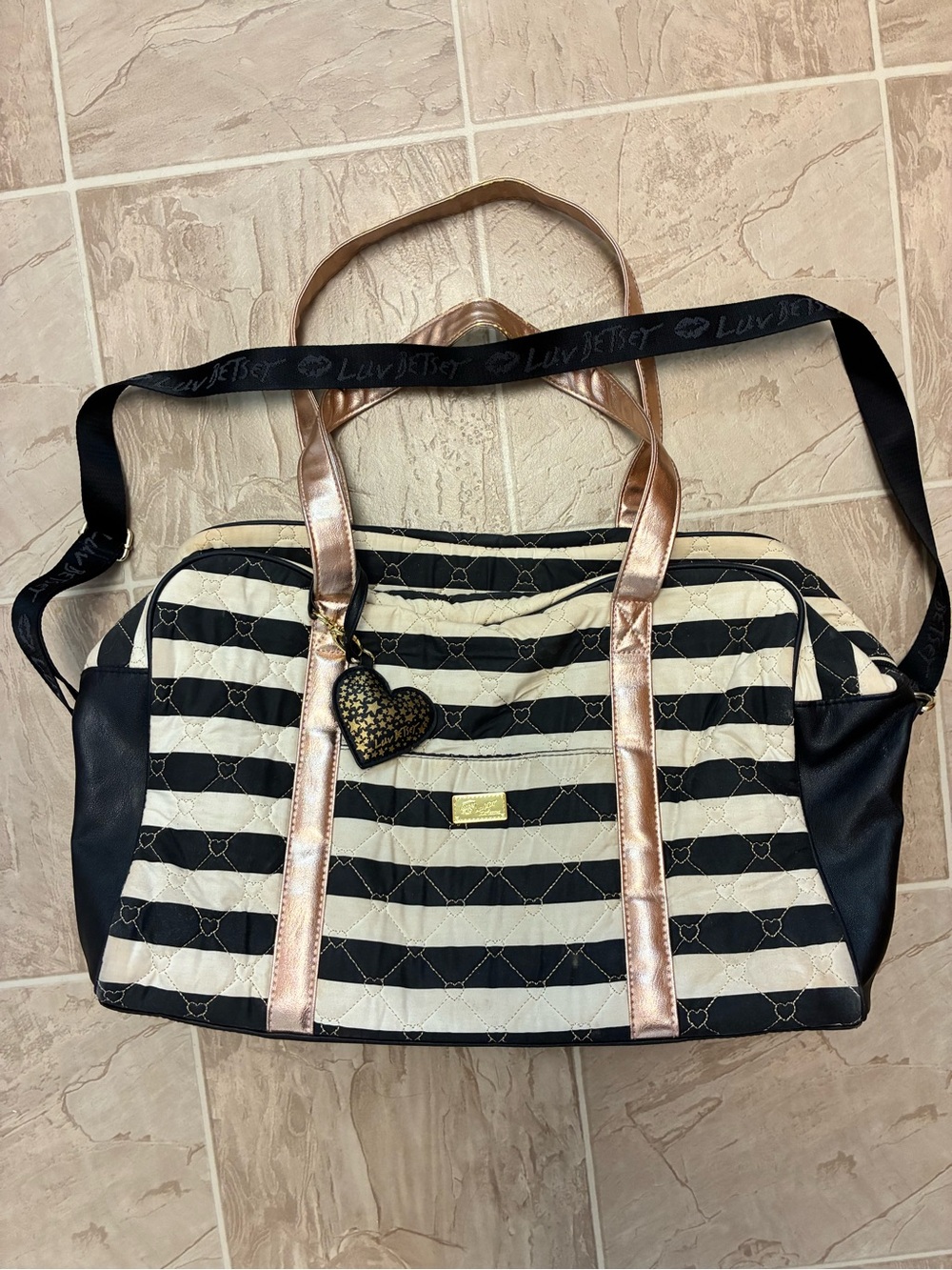 Betsey Johnson Black & Gold Quilted Heart Charm Tote